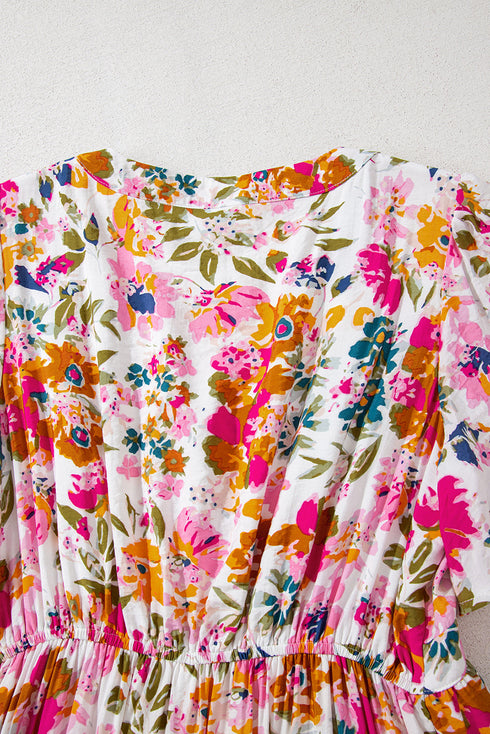 Red Floral Short Sleeve V Neck High Waist Maxi Dress